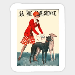 Vintage La Vie Parisienne Illustration - Pretty Girl with Greyhounds Sticker